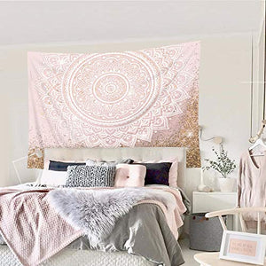 Riyidecor Pink Mandala Flower Tapestry Gold Glitter Damask Floral Boho Bohemia 51x59 Blossom Girly Abstract Simple Modern Printed Decoration Bedroom Living Room Dorm Wall Hanging