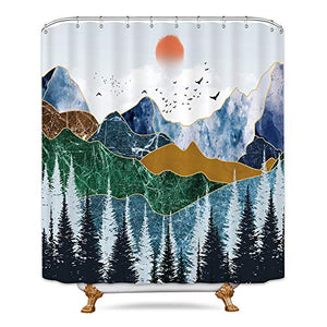 Riyidecor Abstract Sunrise Mountain Shower Curtain Painting Chinese Japanese Style Scenery Landscape Fir Forest Modern Sun Decor Bathroom Set Fabric Polyester 12 Pack Plastic Hooks 72X72 Inch