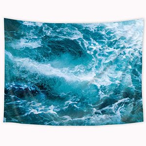 Riyidecor Ocean Tapestry 80Wx60H Inch Cute Calm Wave Sea Cool Water Nature Simple Aesthetic Blue White Art Wall Hanging Bedding Wall Art Decor Bathroom Fabric Home Dorm Living Room