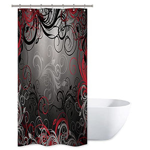 Riyidecor Red and Grey Black Shower Curtain Metal Hooks 7 Pack Leaf Swirl Floral Modern Forest Decor Fabric Set Polyester Waterproof Fabric Bathtub 39Wx72H Inch
