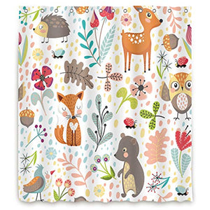 Riyidecor Extra Long Kids Woodland Shower Curtain 72Wx84H Inch Forest Animals Adorable Girls Cute Cartoon Funny Plants Colorful Weeds Waterproof Fabric Bathroom Decor 12 Pack Plastic Hooks