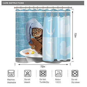 Riyidecor Funny Cat Shower Curtain Kids 12 Pack Metal Fabric Hooks Kitten Yellow Rubber Duck Head Wrapped Bath Towel Blue Decor Fabric Polyester 72" W x 72" H