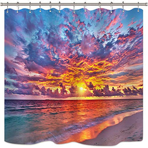 Riyidecor Sunset Sunrise Shower Curtain Romantic Beach Orange Sun Rays Seaside Ocean Waves Blue Sky Coastal Decor Fabric Set Polyester 72x72 Inch 12-Pack Plastic Hooks