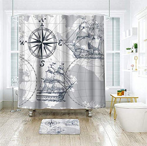 Riyidecor Extra Long Nautical Sailboat Map Shower Curtain 72Wx84H Inch Boat Sketch Ship Wheel Compass Anchor Decor Fabric olyester Waterproof Fabric 12 Pack Plastic Hooks