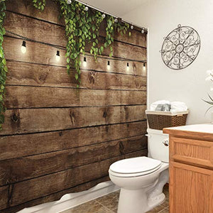 Riyidecor Extra Wide Wooden Clawfoot Tub Fabric Shower Curtain 108Wx72H Inch Rustic Wood Green Leaves 18 Pack Metal Hooks Antique Brown Wall Board Retro Bathroom Home Decor Waterproof Polyester