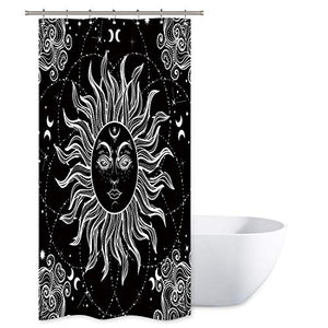 Riyidecor Mandala Celestial Shower Curtain 36Wx72H Inch Sun Moon Black and White Decor Medallion Floral Fabric Set Polyester Waterproof 12 Pack Plastic Hooks