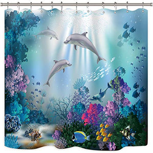 Riyidecor Dolphin Shower Curtain Underwater Algaes Coral Reefs Sunbeam Tropical Fish Marine Wildlife Ocean Animal Seabed Bathroom Decor Fabric Polyester Waterproof 72Wx72H Inch 12 Pack Plastic Hooks