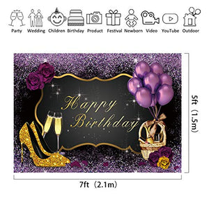 Riyidecor Purple Birthday Backdrop for Women 7x5 Feet Golden High Heels Champagne Glass Photography Background Adult Woman Elegant Cake Table Banner Birthday Decor Props Party Photo Shoot Vinyl