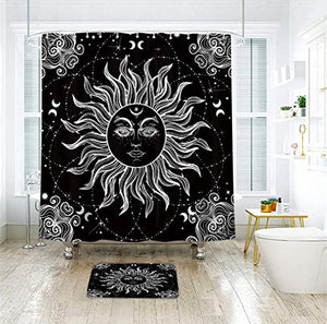 Riyidecor Mandala Celestial Shower Curtain Sun Moon Black and White Decor Medallion Floral Fabric Set Polyester Waterproof 72x72 Inch 12 Pack Plastic Hooks