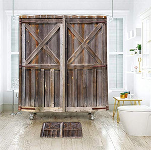 Riyidecor Wooden Barn Door Shower Curtain Panel 72Wx72H Inch Metal Hooks 12 Pack Farmhouse Western Country Wood Rustic Brown Fabric Polyester Waterproof Bathroom Home Decor Set
