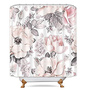Riyidecor Watercolor Flowers Shower Curtain Floral 60Wx72H Inch Pink Grey Blossom Spring Rose Waterproof Fabric Modern Polyester Bathroom Bathtub Decoration 12 Pack Plastic Hooks…
