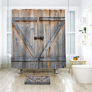 Riyidecor Wooden Barn Door Shower Curtain Rustic Wood Farmhouse Vintage Decor Fabric Polyester Waterproof 72Wx72H Inch 12 Pack Metal  Hooks