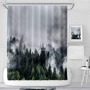 Riyidecor Misty Smokey Forest Landscape Shower Curtain Green Tree Fog Nature Decor Fabric Set Polyester Waterproof 72Wx72H Inch 12 Pack Plastic Hooks