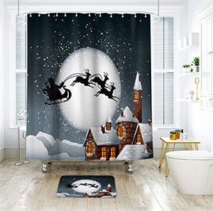 Riyidecor Night Santa Claus Sleigh Chimney Sliver Shower Curtain Snowflake Merry Christmas Winter Deer Holiday Kids Gingerbread House Decor Fabric Polyester 72x72 Inch 12 Pack Plastic Hooks Included