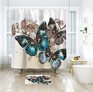 Riyidecor Butterfly Shower Curtain 72Wx72H Inch 12-Pack Metal Hooks Fabric Colorful Floral Painting Art with Butterflies Skewer Spring Insects Vintage Decor Bathroom Set Polyester Waterproof