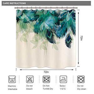 Riyidecor Peacock Feather Shower Curtain Thicken Heavy Duty Watercolor 12 Metal Hooks Weighted Hem Green Leaf Floral Teal Blue Vibrant Polyester Fabric Waterproof Bathroom Home Decor Set 72Wx72H Inch