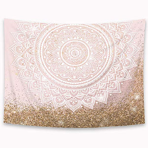 Riyidecor Pink Mandala Flower Tapestry Gold Glitter Damask Floral Boho Bohemia 51x59 Blossom Girly Abstract Simple Modern Printed Decoration Bedroom Living Room Dorm Wall Hanging