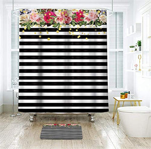 Riyidecor Flower Shower Curtain Panel Black and White Stripe Floral Wedding Rose Pink Herbs Decor Fabric Set Polyester Waterproof 72x72 Inch 12 Pack Included Plastic Hooks