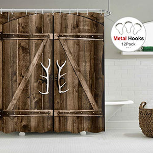 Riyidecor Wooden Garage Barn Door Shower Curtain 72Wx72H Inch Retro Rustic Farmhouse 12 Pack Metal Hooks Country Decor Fabric Bathroom Polyester Waterproof