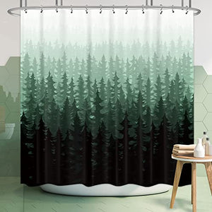 Riyidecor Misty Forest Shower Curtain Nature Foggy Rainforest Green Pine Trees 12 Pack Metal Hooks Fog Rustic Landscape Scenery Bathroom Fabric Set Polyester Waterproof 72Wx72H Inch RY-MHCU