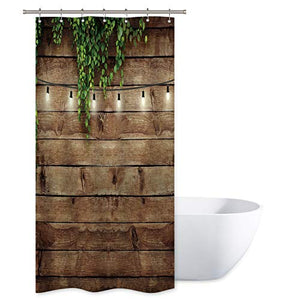Riyidecor Stall Wooden Shower Curtain 36Wx72H Inch Rustic Wood Bran Door Wooden Green Leaves Antique Brown Wall Board Retro Bathroom Home Decor Waterproof Polyester 7 Pack Plastic Hooks