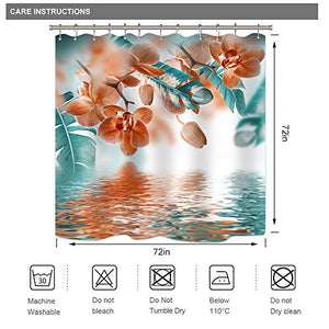 Riyidecor Teal and Orange Orchid Shower Curtain Reflection Floral Tropical Flower Leaf Painting Zen Decor Fabric Set Polyester Waterproof 72x72 Inch 12 Pack Plastic Hooks