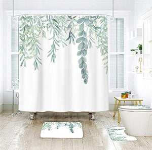 Riyidecor Green Leaves Shower Curtain 60Wx72H Inch with 3 Piece Bathroom Rug Set Metal Hooks Watercolor Botanical Bath Contour Mat Toilet Lid Cover U Shaped Non-Slip Washroom Decor Shower Accessories
