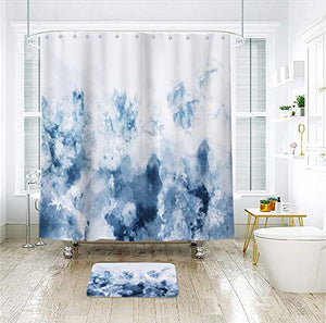 Riyidecor Abstract Watercolor Ombre Blue Shower Curtain 72WX72H Inch Gray Cold White Modern Art Gradient Painting Decor Bathroom Set Fabric Polyester 12 Pack Plastic Shower Hooks
