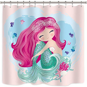 Riyidecor Cute Mermaid Shower Curtain Girls Cartoon Kids Blue Heart Colorful Purple Hair Seaweed Fish Bath Decor Fabric Set Polyester Waterproof 72x72 Inch 12 Pack Plastic Hooks