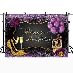 Riyidecor Purple Birthday Woman Backdrop 8x6 Feet Gold High Heels Champagne Glass Photography Background 30th 40th Adult Woman Elegant Cake Table Banner Birthday Decor Props Party Photo Shoot Vinyl