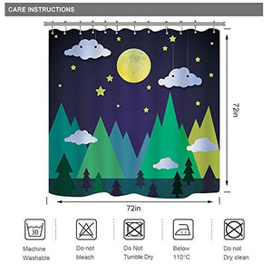 Riyidecor Mountain Forest Shower Curtain Triangle Trees Moon Stars Cloud Kids Decor Fabric Bathroom Set Polyester Waterproof 72x72 Inch Include Plastic Hooks 12 Pack