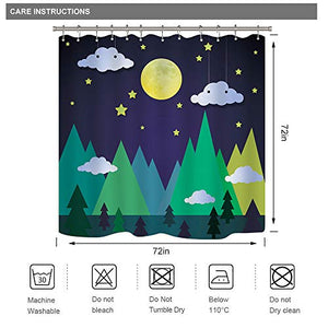 Riyidecor Mountain Forest Shower Curtain Triangle Trees Moon Stars Cloud Kids Decor Fabric Bathroom Set Polyester Waterproof 72x72 Inch Include Plastic Hooks 12 Pack