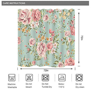 Riyidecor Fabric Pink Flower Shower Curtain for Bathroom 72Wx72H Inch Rose Floral Blooming Green Leaves for Girls Women Bathtub Accessories Decor Rustic Retro Waterproof Fabric Bathroom 12 Pack Hooks