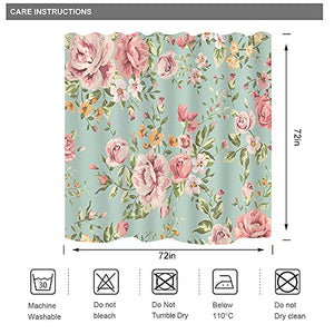 Riyidecor Fabric Pink Flower Shower Curtain for Bathroom 72Wx72H Inch Rose Floral Blooming Green Leaves for Girls Women Bathtub Accessories Decor Rustic Retro Waterproof Fabric Bathroom 12 Pack Hooks