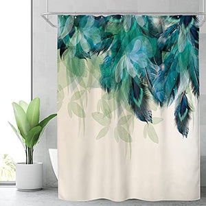 Riyidecor Watercolor Peacock Feather Shower Curtain for Bathroom Decor 72Wx72H Inch Teal Green Leaf Bathtub Accessories for Women Girl Vintage Turquoise Floral Panel Set Fabric Waterproof 12 Pack Hook