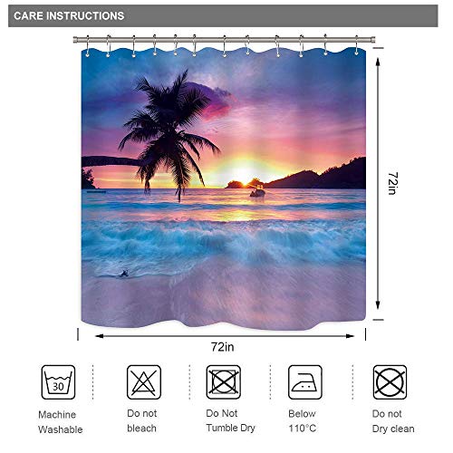 Riyidecor Beach Sunset Shower Curtain – Tropical Palm Tree Ocean Design, Waterproof Polyester, 72x72 Inches With Hooks