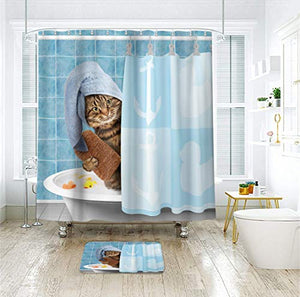 Riyidecor Funny Cat Shower Curtain Kids 12 Pack Metal Fabric Hooks Kitten Yellow Rubber Duck Head Wrapped Bath Towel Blue Decor Fabric Polyester 72" W x 72" H