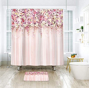 Riyidecor Bridal Floral Wall Shower Curtain for Bathroom 72Wx72H Inch Pink Rose Pattern Bath Set for Woman Girl Vintage Spring Nature Bathtub Accessories Fabric Panel Waterproof Plastic 12 Pack Hooks