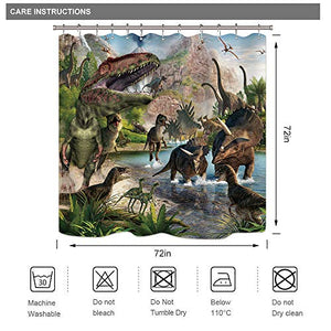 Riyidecor Dinosaur Shower Curtain Boys Kids Animal Dino Jungle Forest Mountain Decor Fabric Bathroom 72x72 Inch 12 Pack Plastic Shower Hooks Included