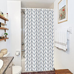 Riyidecor Stall Small Shower Curtain Half Size 36x72 Inch White Navy Single Narrow Tiny Geometric Chevron Striped Herringbone 7 Pack Hooks Dorm Decor Fabric Bathroom Set Polyester Waterproof