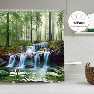 Riyidecor Scenic Nature Shower Curtain Forest Tree Spring Waterfall 72X72 Inch Rainforest Foliage Misty Jungle River Tropical Landscape Swan Lake Green Unique Home Polyester Fabric Bathroom Decor