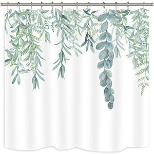 Riyidecor Standard Size Sage Green Leaves Shower Curtain 72Wx72H Inch Nature Plants Eucalyptus Organic Botanical Floral Bathroom Decor Fabric Waterproof Home Bathtub Decor 12 Pack Plastic Hook