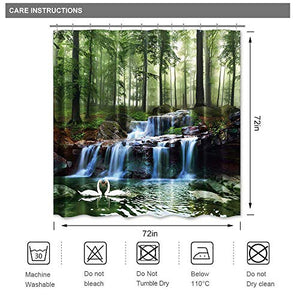 Riyidecor Scenic Nature Shower Curtain Forest Tree Spring Waterfall 72X72 Inch Rainforest Foliage Misty Jungle River Tropical Landscape Swan Lake Green Unique Home Polyester Fabric Bathroom Decor