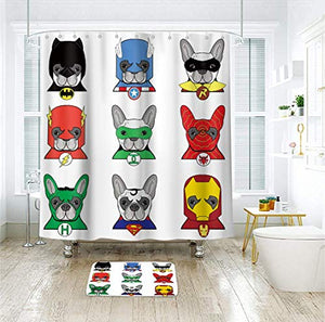 Riyidecor Superhero Shower Curtain Funny Dogs 72x72 Inch Bulldog Cartoon Kids Children Puppies in Disguise Masks with 12 Pack Metal Hooks Decor Fabric Bathroom Set Polyester Waterproof