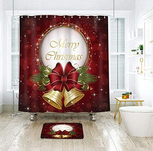 Riyidecor Merry Christmas Jingle Shower Curtain Red Golden Bell Xmas New Year Holiday Winter Snowflake Fabric Waterproof Home Bathtub Decor 12 Pack Plastic Hook 72x72 Inch