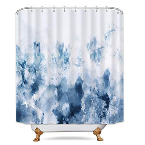Riyidecor Abstract Watercolor Ombre Blue Shower Curtain 72WX72H Inch Gray Cold White Modern Art Gradient Painting Decor Bathroom Set Fabric Polyester 12 Pack Plastic Shower Hooks