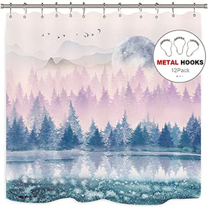 Riyidecor Watercolor Forest Shower Curtain 72x72 Inch Misty Blue Pink Purple Mountain Moon Foggy Scenery Landscape Magical Nature Waterproof Fabric Polyester Bathroom Decor Set 12 Pack Plastic Hooks