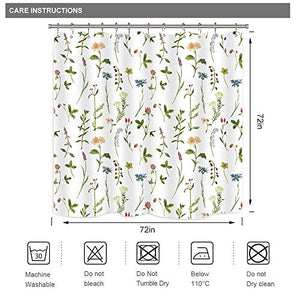 Riyidecor Fabric Floral Shower Curtain 72Wx72H Inch Botanical Plant Green Leaves Flower Watercolor Herbs Decor Bathroom Bathtub Accessories for Girl Women 12 Pack Plastic Shower Hooks Included