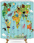 Riyidecor Kids Animal Map Shower Curtain 60Wx72H Inch Geography World Educational Children Forest Ocean Blue Colorful Decor Fabric Set Polyester Waterproof Fabric with 12 Pack Plastic Hooks