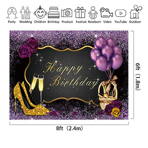 Riyidecor Purple Birthday Woman Backdrop 8x6 Feet Gold High Heels Champagne Glass Photography Background 30th 40th Adult Woman Elegant Cake Table Banner Birthday Decor Props Party Photo Shoot Vinyl